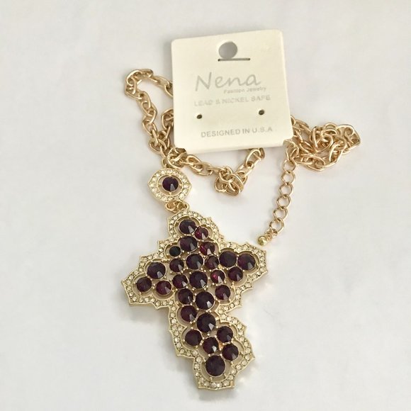 Vintage Style Cross Necklace Purple Crystals Simulated Amethyst Gold Plated 22" - Picture 9 of 14